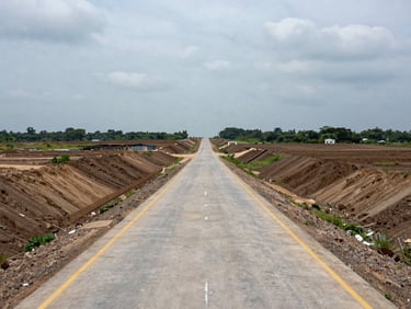 Wide ground-level documentary photograph of an undeveloped Johor land corridor with cleared earth and a new access road running into the distance, overcast daylight, no people, architectural survey framing