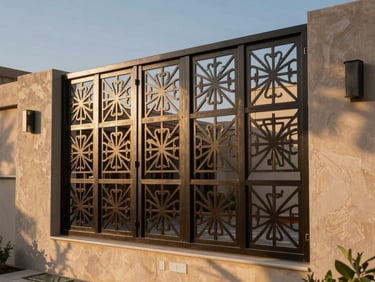 Modern laser-cut steel privacy screen installed on a villa wall in Khobar, casting intricate geometric shadows, twilight lighting.
