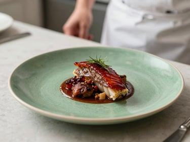 A close-up of a chef plating a dish in a bright scandinavian kitchen, soft natural light, matte forest green ceramic plate, warm editorial photography, 35mm