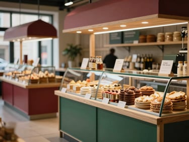 A luminous modern gourmet food market interior, clean scandinavian wooden stalls, warm ambient light, warm editorial photography, 35mm