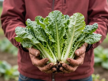 A local farmer holding fresh green vegetables in soil-stained hands, soft natural outdoor light, clean rustic aesthetic, warm editorial photography, 35mm