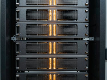 Close-up of server architecture with glowing amber accents, high-performance computing hardware, clinical lighting, desaturated slate and amber tones, sharp architectural focus, 35mm