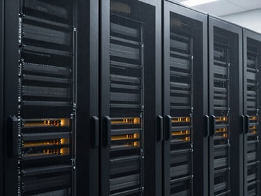 Server racks in a high-performance computing data center, cool clinical daylight, sharp focus, desaturated slate and amber tones, 35mm
