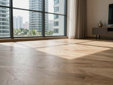 Low-angle architectural shot of a modern Mont Kiara condominium living room with bright tropical daylight casting soft shadows across seamless herringbone SPC flooring.