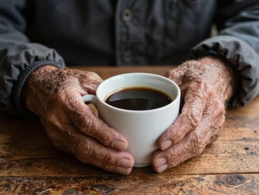 Close-up of weathered hands of an elderly rural worker holding a warm cup of coffee, soft natural morning light, rustic wooden table, conveying trust and life history.
