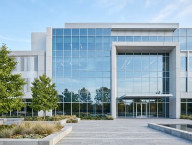 Minimalist architectural photograph of a modern healthcare facility exterior with clean glass panels and bright, cool daylight, reflecting a professional executive aesthetic.