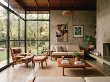 Warm editorial photography of a Brazilian mid-century living room, raw concrete walls, rich wood furniture, soft natural afternoon light streaming through large windows, neutral earth tones, 35mm