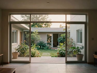 Warm editorial photography of a mid-century residential courtyard, steel frame structure, floor-to-ceiling glass doors opening to a lush garden, soft natural light, 35mm