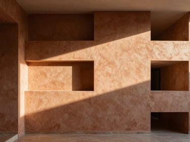 Architectural interior photography of a modernist apartment, terracotta cobogó wall casting geometric shadows, warm afternoon sun, minimalist design, 35mm
