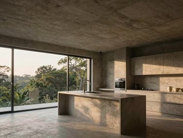 Brutalist concrete penthouse interior, raw exposed concrete ceiling, minimalist kitchen island, large windows looking out to green treetops, warm morning light, 35mm