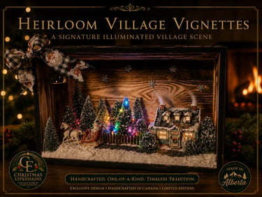 Illuminated Heirloom Village Vignette Christmas decor featuring a miniature cottage, sleigh, and snowy trees.