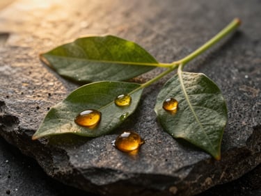 Macro shot of dark green botanical leaves and pure amber oil droplets on a textured dark stone surface, backlit by warm golden light.
