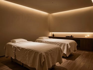 Wide panoramic view of a dimly lit, luxurious private treatment room, warm amber backlighting, organic linen draped over a dark wood table, complete privacy, no people, serene atmosphere.