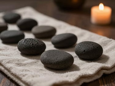 Close-up of smooth, dark volcanic stones resting on organic linen inside a quiet, dimly lit spa room, soft warm candle light casting gentle shadows.