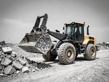 A heavy wheel loader lifting crushed concrete, high-contrast industrial photography, steel and raw concrete tones