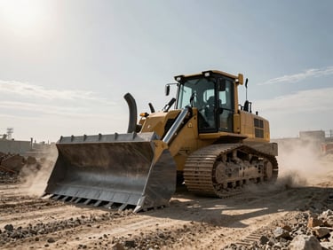A heavy crawler dozer pushing gravel on a dusty construction site, dust caught in dramatic low-angle afternoon sun