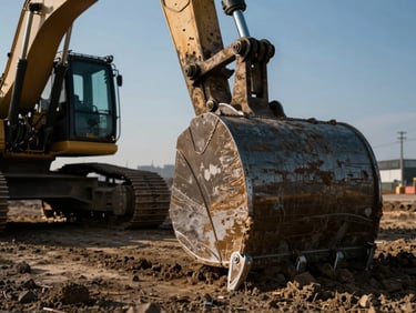 Extreme low-angle close-up of an excavator bucket digging into hard dirt, harsh afternoon sunlight, deep charcoal shadows.