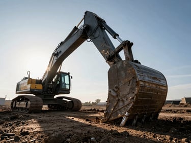 Low angle shot of a massive 40-ton hydraulic excavator bucket digging into dark soil, harsh morning sunlight casting long shadows