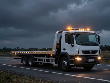 Wide environmental shot of a modern flatbed tow truck parked safely on a highway shoulder at night, warning amber lights flashing, dark overcast sky.