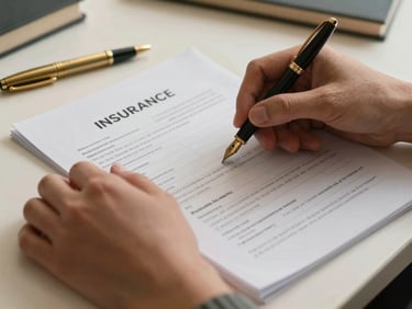 Close-up of hands organizing structured insurance paperwork on a clean desk beside a brass fountain pen, soft warm side lighting.