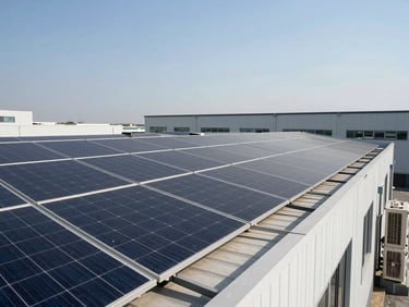 Wide shot of rooftop solar panel array on a commercial building under clear daylight, heat pump unit visible at the far right edge of the roof, open sky above, clean architectural lines, no people