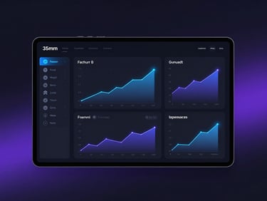 Sleek minimalist mockup of a custom web interface displaying analytics dashboards with upward trending graphs, subtle glowing elements, dark mode.