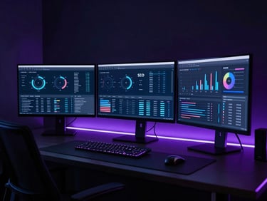 High-tech dark workspace with glowing screens displaying local SEO analytics dashboards, subtle electric blue and violet neon accents, ultra-modern high-contrast aesthetic, 35mm