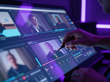 Close-up of a creative director's hands editing a short-form video timeline on a glowing screen, violet neon light reflecting, ultra-modern studio setting.
