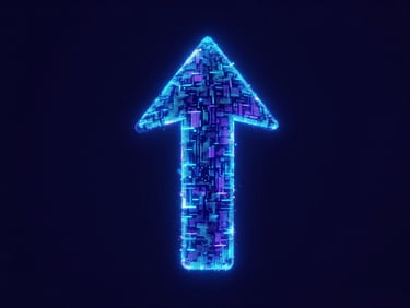 Abstract visual of a glowing upward arrow composed of digital particles, symbolizing scalable growth, deep midnight navy background.
