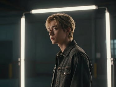 Cinematic production still from a music video shoot — a performer framed by practical neon light against a dark warehouse background, dramatic side lighting, moody color grade