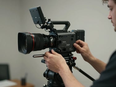 Tight medium shot from a corporate brand film — a director's hands adjusting a prime lens on a cinema camera, controlled studio lighting, shallow depth of field, muted color grade