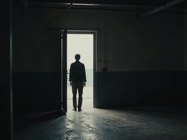 Wide cinematic still from a feature film set — a lone figure silhouetted against a tungsten-lit doorway, deep blacks, film grain visible, empty industrial corridor receding into darkness