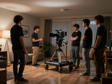 Behind-the-scenes wide shot of a web series set — camera crew positioning a dolly on a dimly lit apartment set, practical lamps as key sources, deep atmospheric shadows