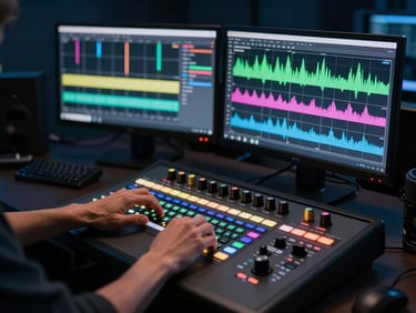 Color grading suite at work — a colorist's hands on a DaVinci control surface, waveform scopes glowing on monitors in a dark grade suite, deep blue-black ambient light