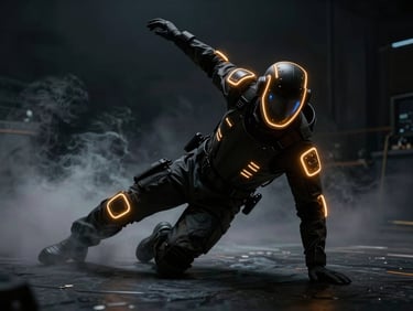 A developer in a dark studio wearing a motion-capture suit with glowing markers, performing an intense tactical roll, amber rim lighting, moody atmospheric fog