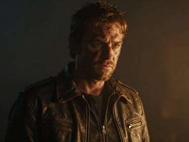 Cinematic close-up of a scarred survivor in a leather jacket, dramatic chiaroscuro lighting, amber rim light, 35mm