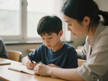 A close-up of a teacher mentoring a student at a wooden desk, warm natural side light, soft focus background, authentic 35mm style