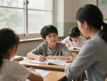 A teacher mentoring a student over a desk, warm natural window light, authentic classroom setting, shallow depth of field.