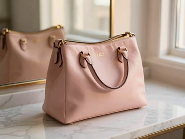 Close-up of a curated leather handbag resting on a polished white marble surface, soft golden-hour window light reflecting off a nearby mirror, romantic editorial style