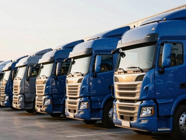 A row of clean, modern semi-trucks parked at a bright logistics hub during sunrise, rich blue and gold tones, sharp focus.