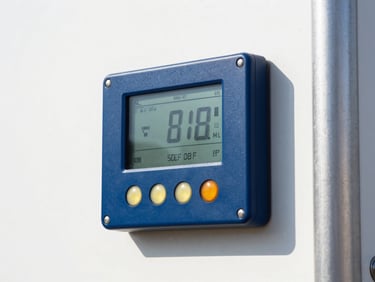 Close-up of a modern refrigerated trailer's digital temperature control unit, showing bright status lights, crisp commercial photography, daylight.