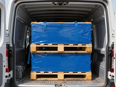 Interior view of a clean, well-lit dry van trailer with secured cargo pallets, sharp focus on straps, natural light spilling from the open door.