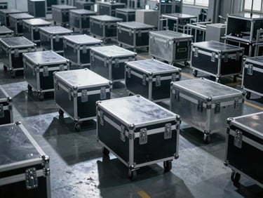 Wide shot of a modern manufacturing floor with custom cases in various stages of production, focused on assembly, cool metallic tones, dramatic shadows.