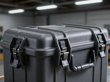 Rugged, dark gray protective case with heavy-duty latches and seals, showing texture of high-impact copolymer, under dramatic industrial lighting.
