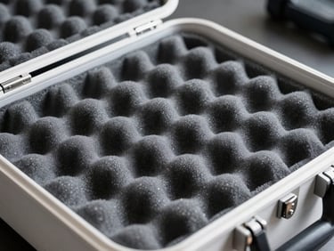 White or light-colored transit case with medical equipment inside, clean but rugged aesthetic, high-contrast, sharp focus on foam inserts, 50mm.