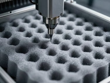 Close-up of a CNC machine precisely cutting dense foam for a custom equipment case, industrial lighting, sharp focus, cool metallic tones.