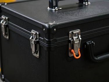 Close-up of a heavy-duty black transit case with orange latches, industrial setting, sharp focus on texture and seals, high-contrast workshop lighting, 50mm.