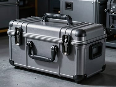 Rugged transit case next to a piece of aerospace equipment, cool metallic tones, dramatic shadows, military-grade aesthetic, 50mm.