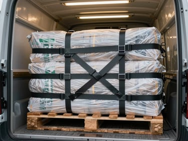 Close-up of freight tie-down straps securing a palletized load inside a dry van trailer, fluorescent warehouse light, load organized in tight rows, metal floor visible in foreground, no people