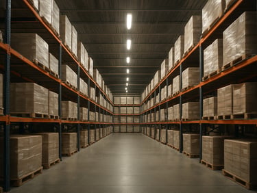Wide shot of organized warehouse shelving rows stacked with palletized goods under fluorescent overhead lighting, concrete floor, no people, midday
